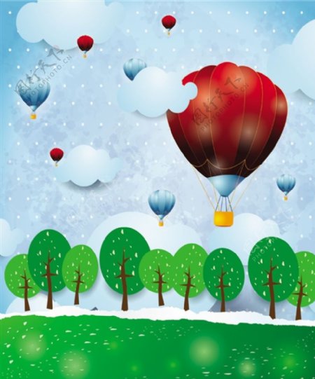 升起的热气球卡通彩绘画