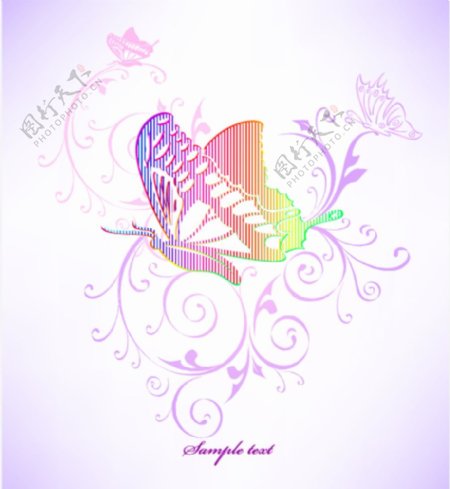 彩虹色手绘线条花纹蝴蝶