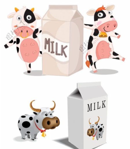 牛奶盒与奶牛矢量素材