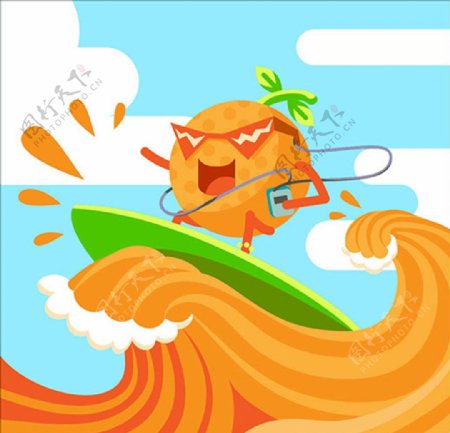 卡通冲浪的橙子