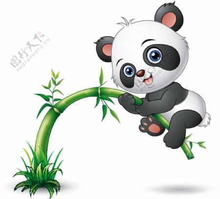 骑在竹子上的卡通熊猫矢量