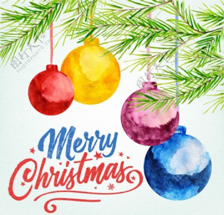 手绘水彩圣诞节松树枝彩球元素