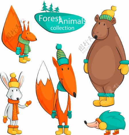 5款卡通冬季森林动物矢量素材