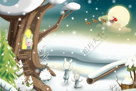 卡通梦幻雪景素材背景