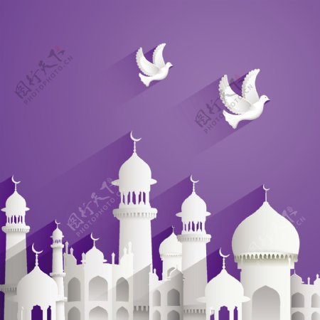 创意伊斯兰建筑与白鸽矢量素材