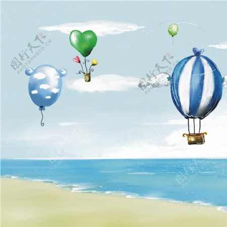 卡通热气球大海小船天空