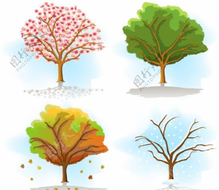 四季树木彩绘树木矢量素材