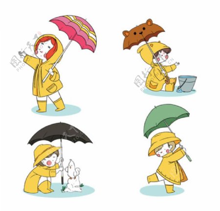 卡通儿童节打雨伞的孩子