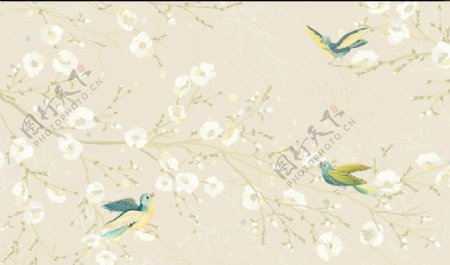 花鸟手绘时尚中式背景墙
