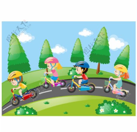 卡通儿童节快乐骑自行车的孩子