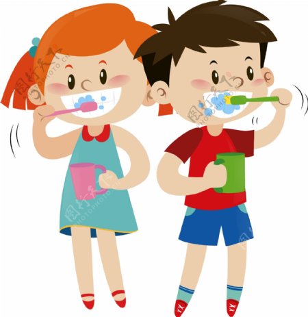 卡通儿童节快乐刷牙的孩子