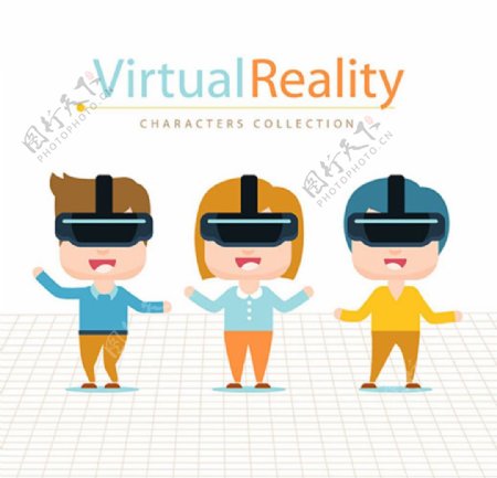卡通戴VR虚拟现实眼镜的青年