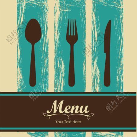 蓝色水彩刀叉菜单图片