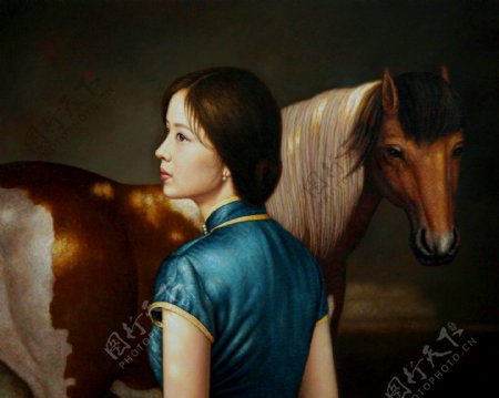 女人与马匹油画图片