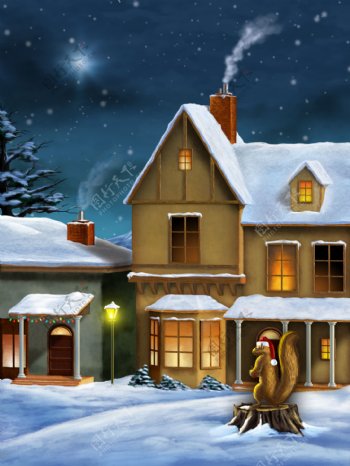 雪地上的房屋和松树雪景油画图片