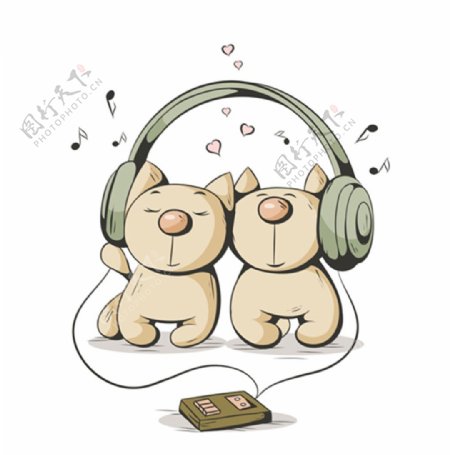 可爱的猫用耳机听歌曲插画矢量素材下载