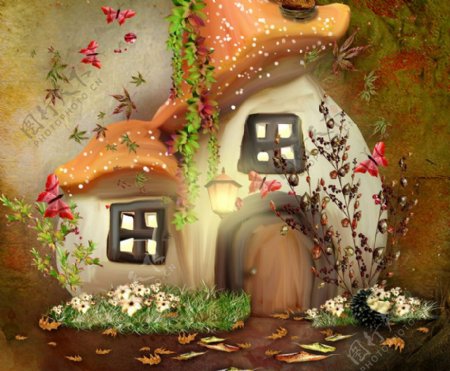 卡通可爱蘑菇屋影楼摄影背景图片