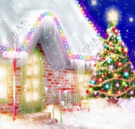圣诞树与梦幻小屋影楼摄影背景图片