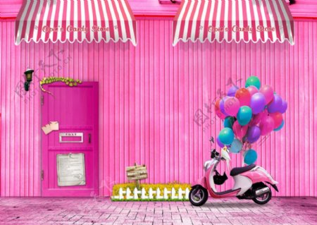 粉红色浪漫小木屋影楼摄影背景图片