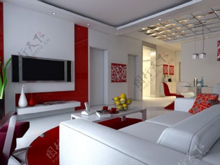 红白个性简约风格客厅装饰3d