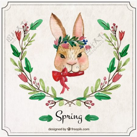 水彩绘兔子头像和花卉矢量素材