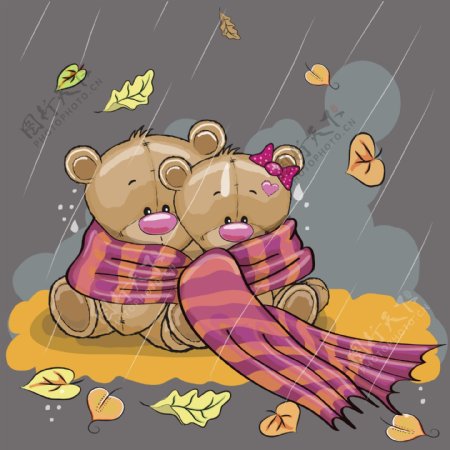 两只雨中相互取暖的小熊