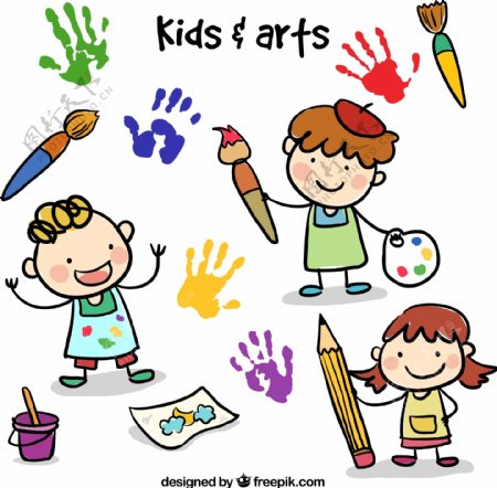 3款卡通绘画儿童和手印矢量素材
