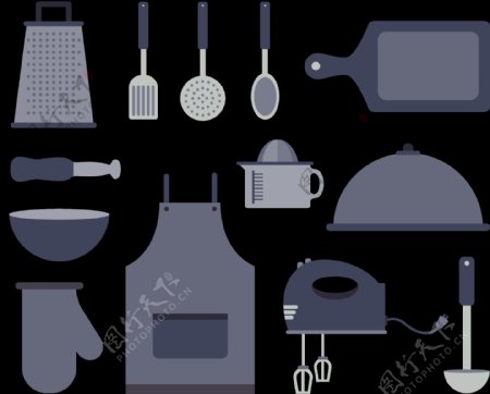 灰色各种厨房用品免抠png透明图层素材
