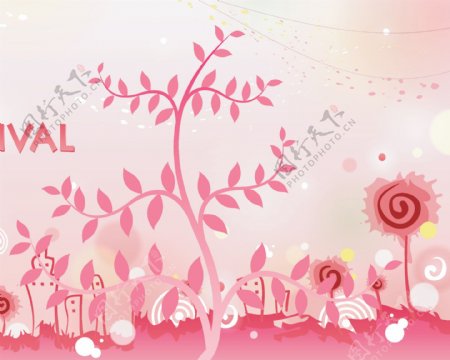 粉色卡通森林装饰画