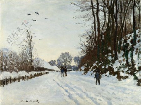 在雪地行走的西方男人油画图片