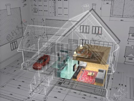 3D房屋透视图与图纸图片