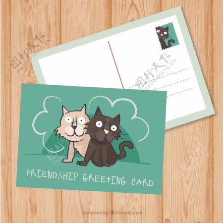 漂亮的手绘猫友谊明信片