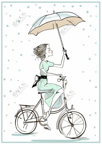 打伞的时尚女孩插画图片