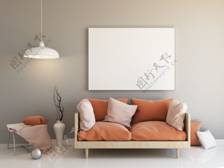 吊灯沙发与空白装饰画效果高清图片