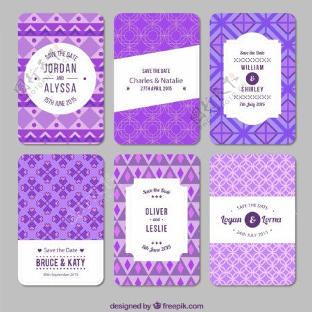 6款紫色欧式婚礼卡片矢量图