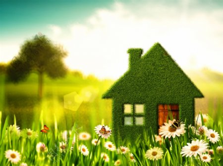 鲜花和绿色房屋模型图片