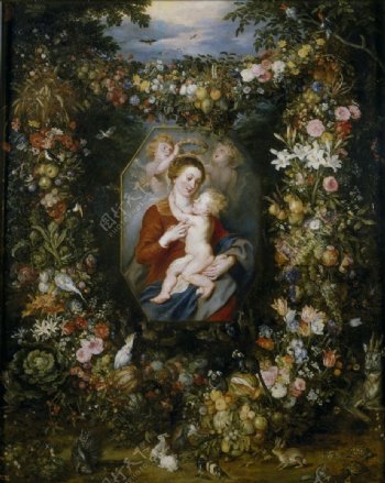 鲜花里的圣母玛利亚油画图片