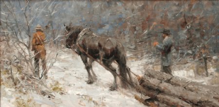 雪地上拉木材的马匹油画图片
