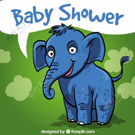 一只手拉着大象的婴儿洗澡卡片