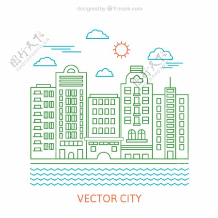 河边的城市建筑矢量图