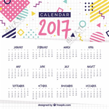 孟菲斯风格的2017日历模板