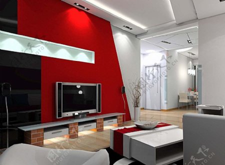 红色现代风格室内施工图附效果图图片