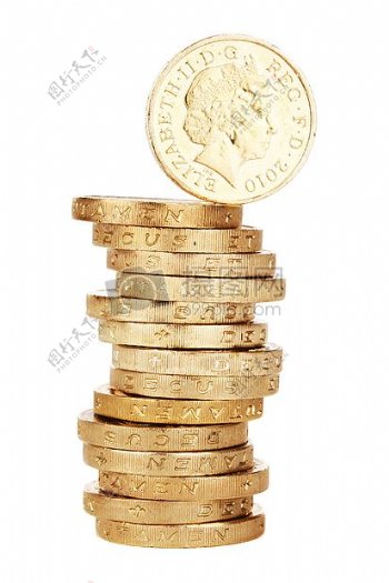 堆栈金钱金金硬币现金货币储蓄硬币桩英镑panny1英镑