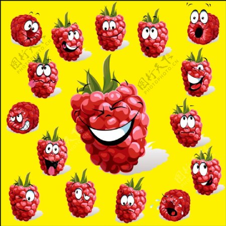 水果紅莓多款卡通表情包裝印刷矢量圖