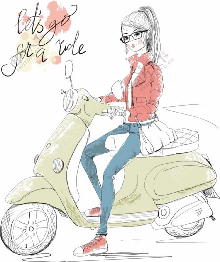 骑摩托的卡通女孩