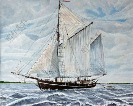 大海上的帆船油画图片