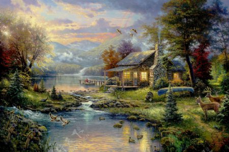 乡村房屋风景油画图片