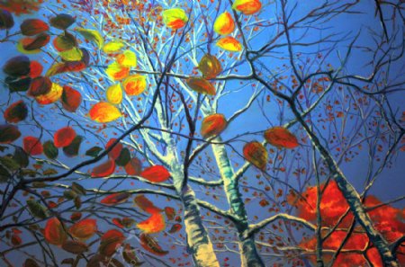 秋天树木风景油画图片