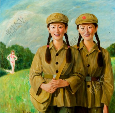 红军美女油画图片
