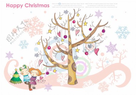 卡通大树人物圣诞节主题PSD分层素材